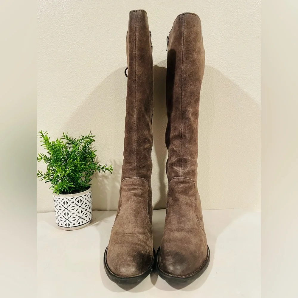 Born “Felicia” Taupe Knee-High Suede Boots Distressed w Tie Back | Like New
